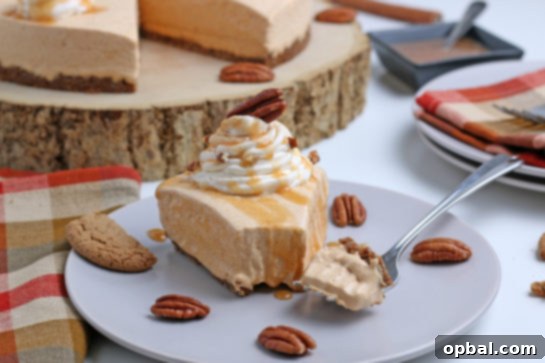 Luscious No-Bake Pumpkin Cheesecake 12 A beautifully presented whole No-Bake Pumpkin Cheesecake, garnished with whipped cream, ready for a festive holiday dessert table.