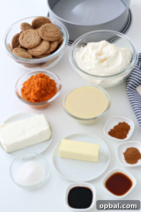 Luscious No-Bake Pumpkin Cheesecake 5 Essential ingredients laid out for preparing the delicious No-Bake Pumpkin Cheesecake recipe, including pumpkin puree, cream cheese, and gingersnaps.
