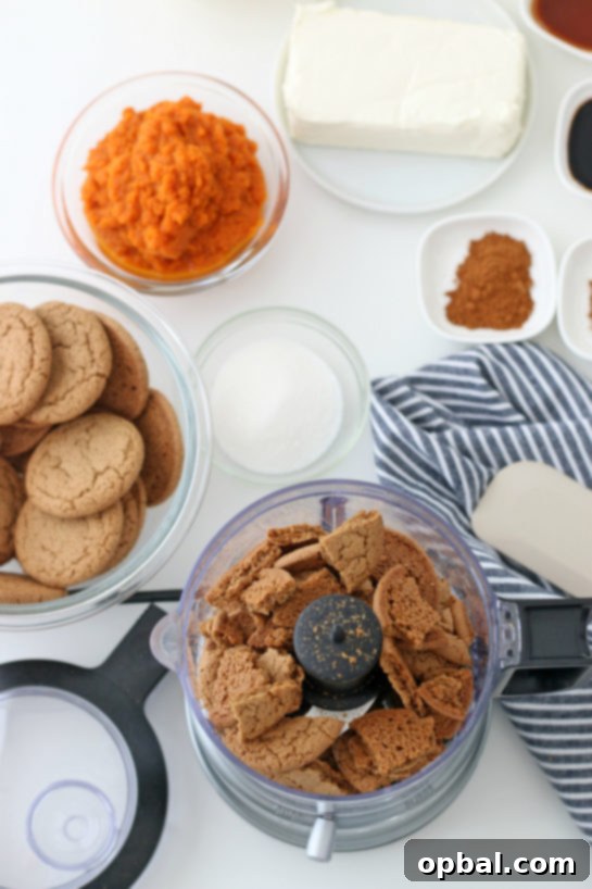 Luscious No-Bake Pumpkin Cheesecake 6 Gingersnap cookies being processed into fine crumbs for the delicious and spicy No-Bake Pumpkin Cheesecake crust.