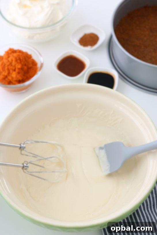 Luscious No-Bake Pumpkin Cheesecake 9 Mixing the creamy pumpkin filling ingredients for the luscious No-Bake Pumpkin Cheesecake, showing the smooth texture developing.