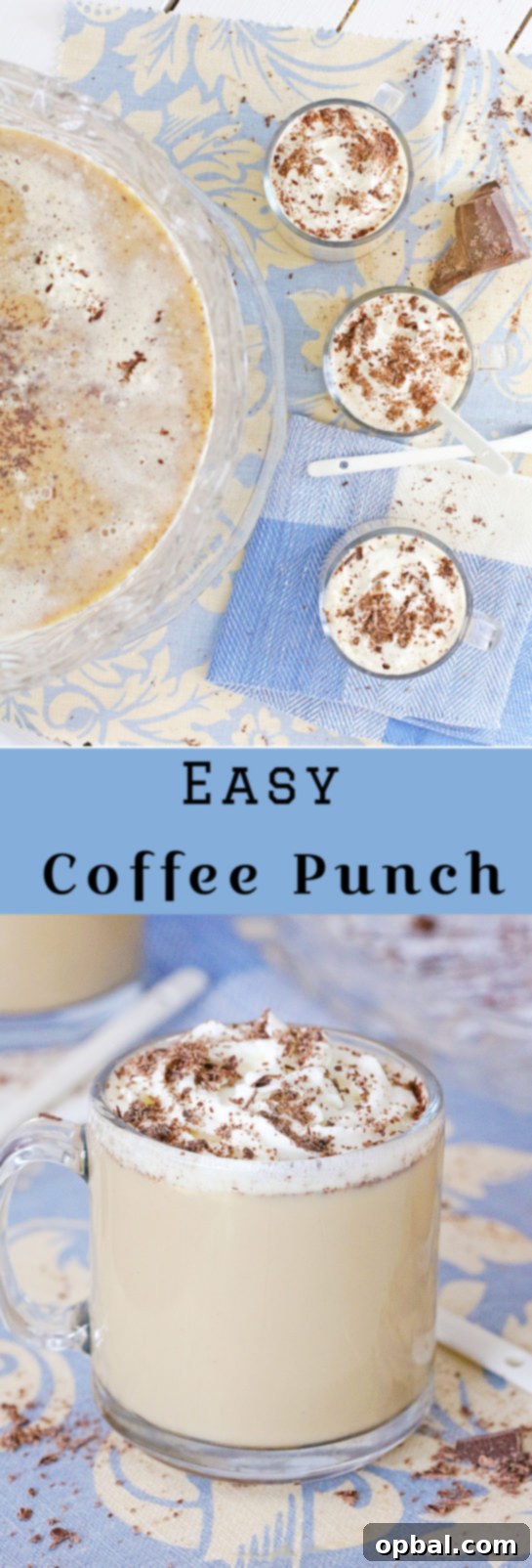 Effortless Iced Coffee Punch 14 A festive punch bowl filled with creamy, frothy coffee punch, ready to serve at a cheerful holiday celebration or special event.