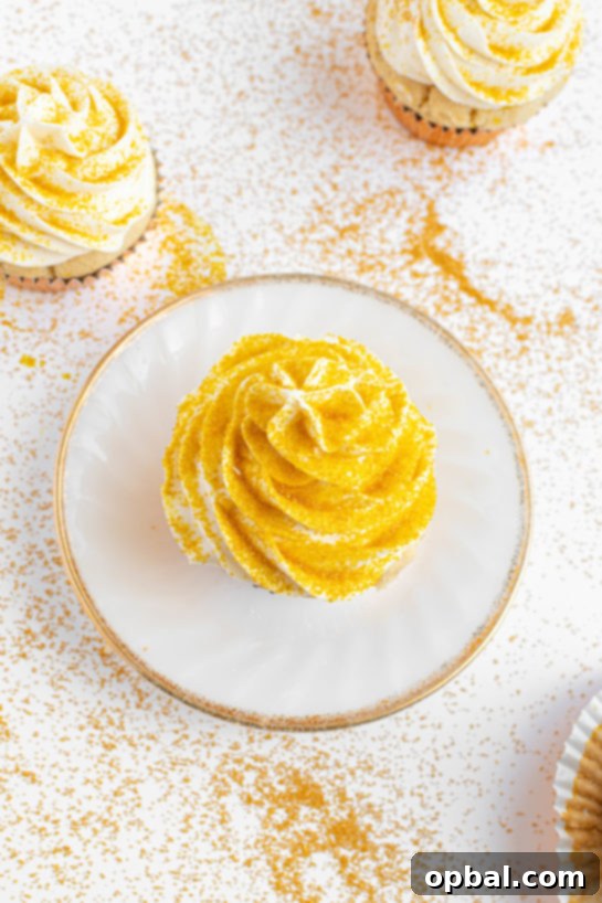 New Years Eve Bubbly Cupcakes 12 Overhead shot of the finished Champagne Cupcakes recipe with the gold sprinkles