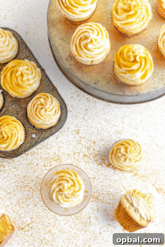 New Years Eve Bubbly Cupcakes 16 Overhead shot of the finished Champagne Cupcakes recipe