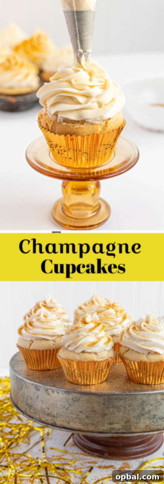 New Years Eve Bubbly Cupcakes 18 Celebration Champagne Cupcakes recipe is perfect for birthdays, Mother's Day, brunch, bridal shower or a New Year’s Eve dessert! They are jazzed up with gold sprinkles!