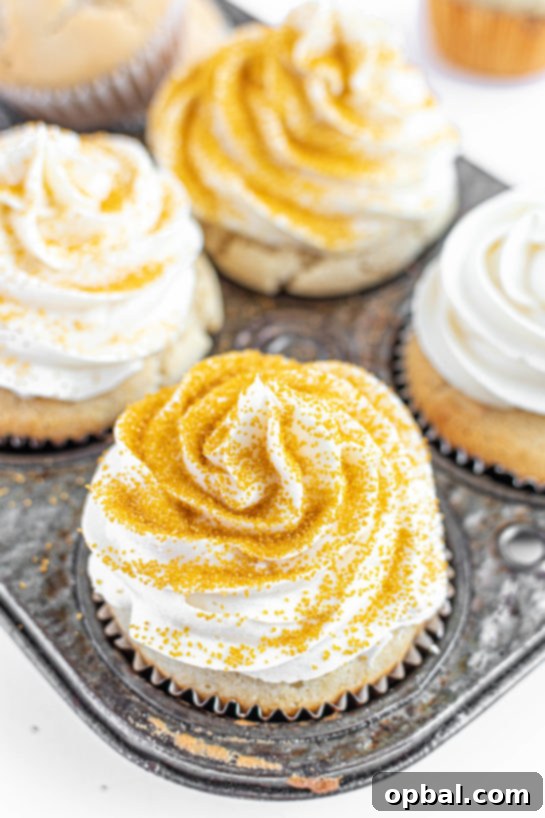 New Years Eve Bubbly Cupcakes 4 New Year's Eve Champagne Cupcakes recipe is perfect for birthdays, Mother's Day brunch or a New Year’s Eve dessert! They are jazzed up with gold sprinkles to add some fun!