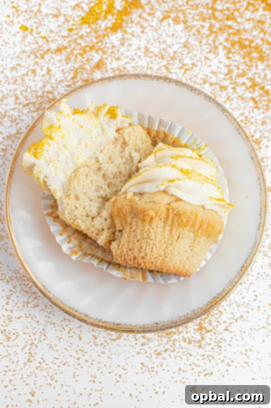 New Years Eve Bubbly Cupcakes 6 Close-up shot of the finished Champagne Cupcakes sliced open