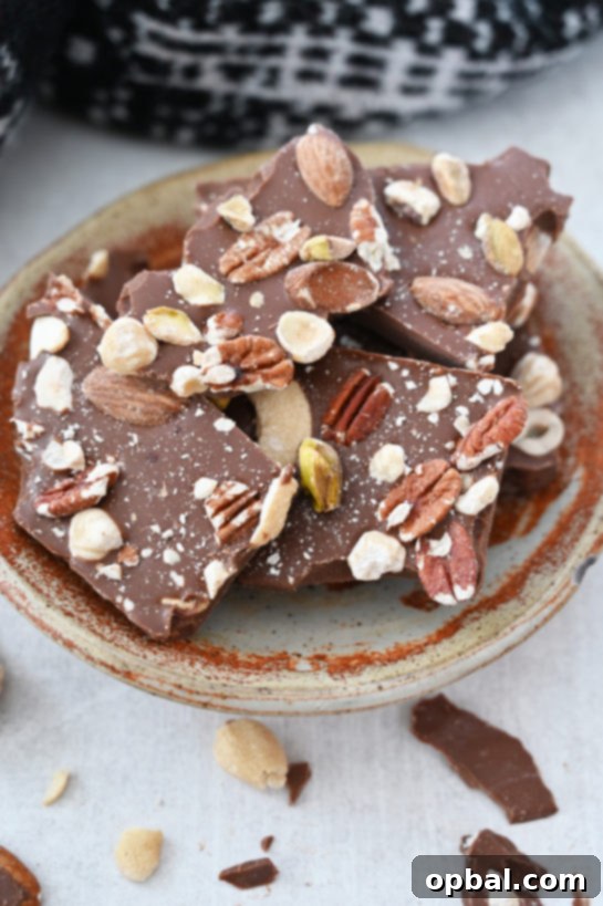 Delicious 5-ingredient Salted Chocolate Almond Hazelnut Bark, a festive holiday dessert and edible gift idea.
