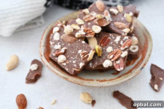 Easy 5-ingredient Salted Chocolate Almond Hazelnut Bark, perfect for birthdays or Christmas gifts.