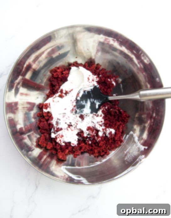Mixing wet and dry ingredients for a Red Velvet Truffles recipe.