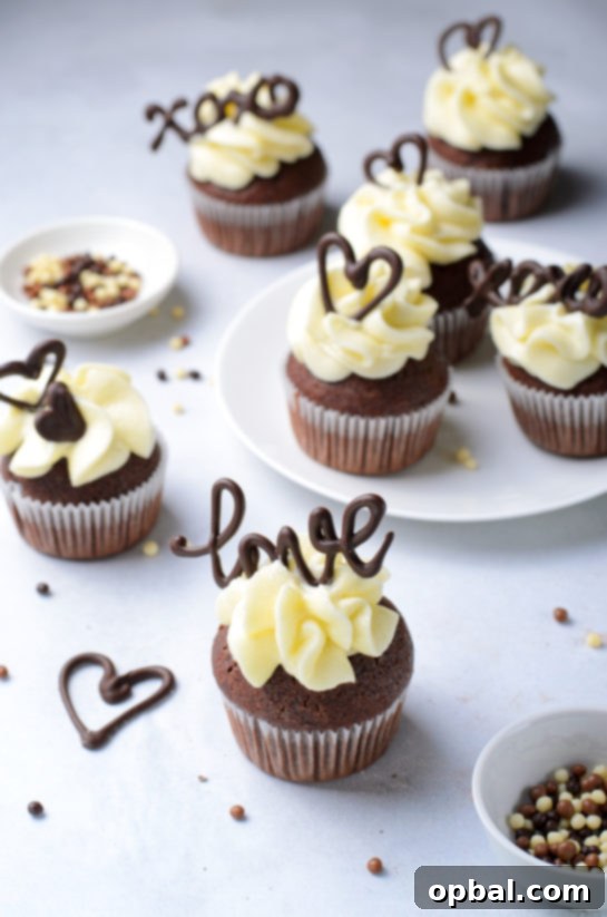 Velvet Chocolate Romance Cupcakes 2 Lover's Chocolate Cupcakes, a perfect Valentine's Day dessert, elegant and gourmet