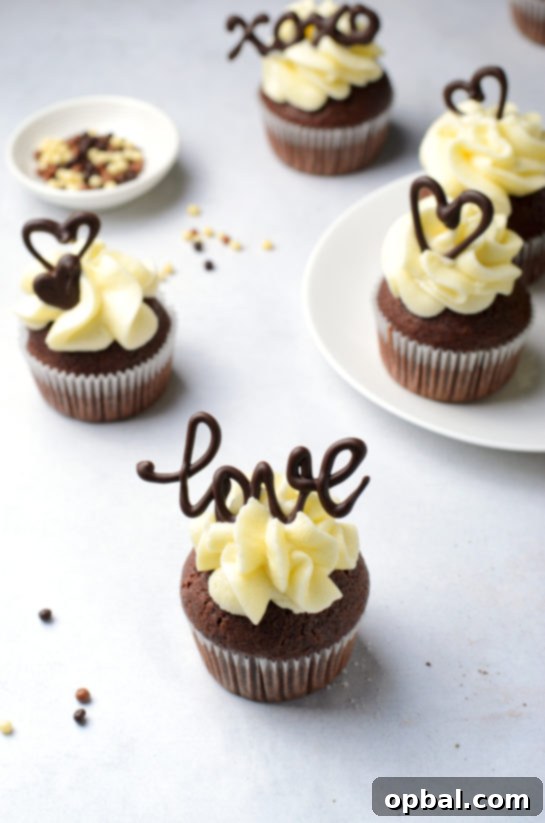 Velvet Chocolate Romance Cupcakes 11 Final decorative touches on the Valentine's Day Lover's Chocolate Cupcakes