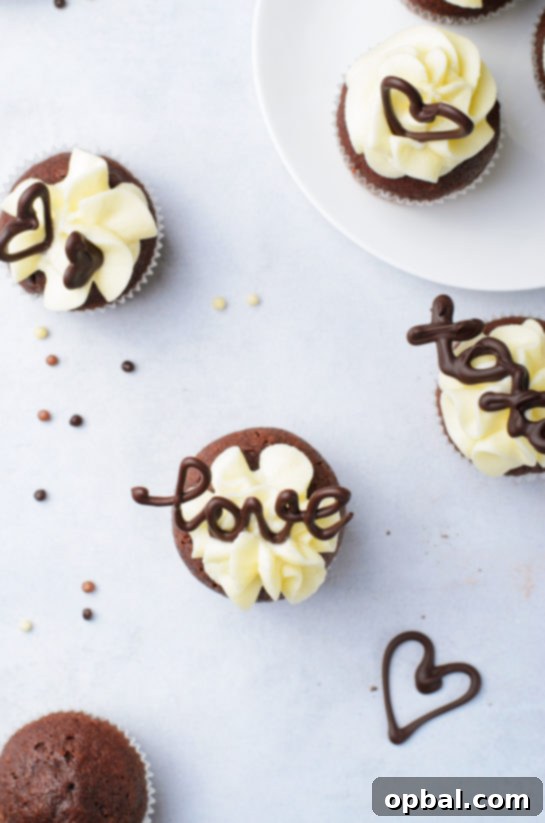 Velvet Chocolate Romance Cupcakes 12 Overhead view of elegantly arranged Lover's Chocolate Cupcakes
