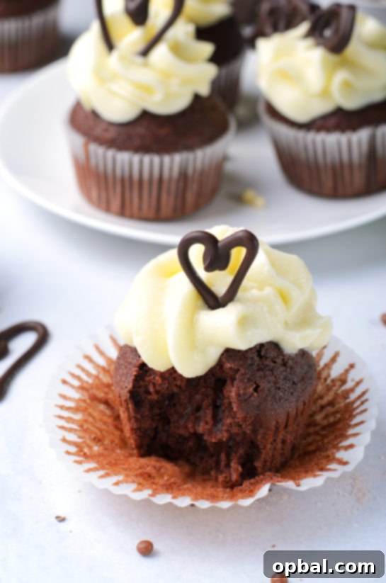 Velvet Chocolate Romance Cupcakes 13 Close-up shot of a finished Lover's Chocolate Cupcake