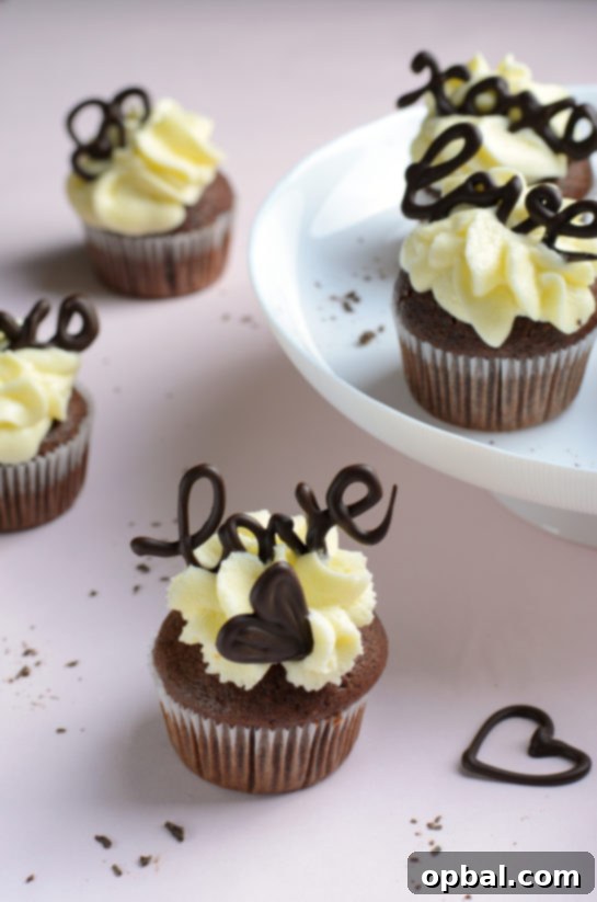 Velvet Chocolate Romance Cupcakes 14 Finished Lover's Chocolate Cupcakes adorned with chocolate lettering