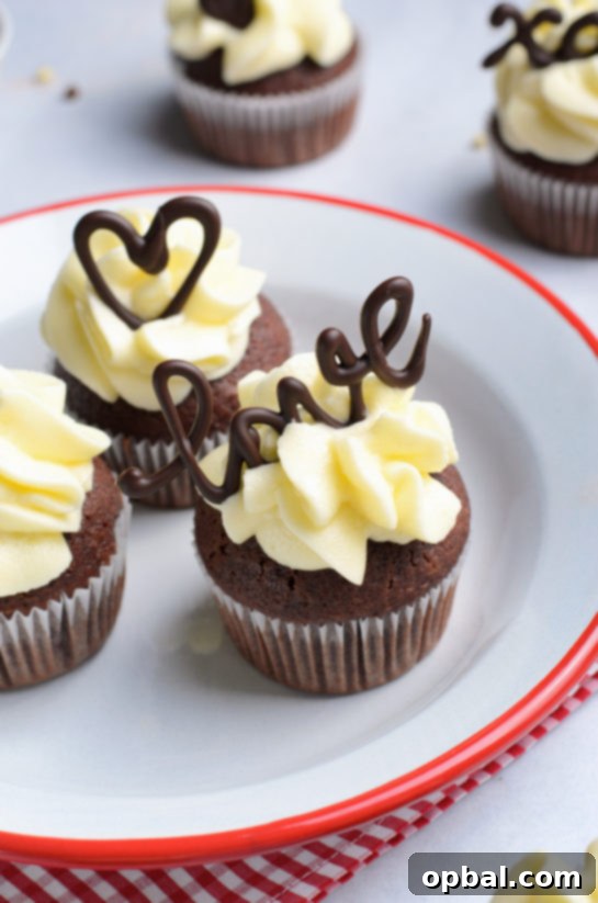 Velvet Chocolate Romance Cupcakes 18 Detailed close-up photo of a Lover's Chocolate Cupcake