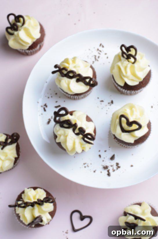 Velvet Chocolate Romance Cupcakes 19 Overhead photo showcasing the holiday Lover's Chocolate Cupcakes