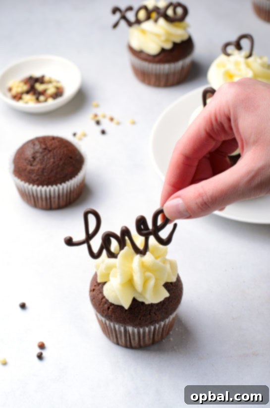 Velvet Chocolate Romance Cupcakes 10 Decorating Lover's Chocolate Cupcakes with chocolate word toppers