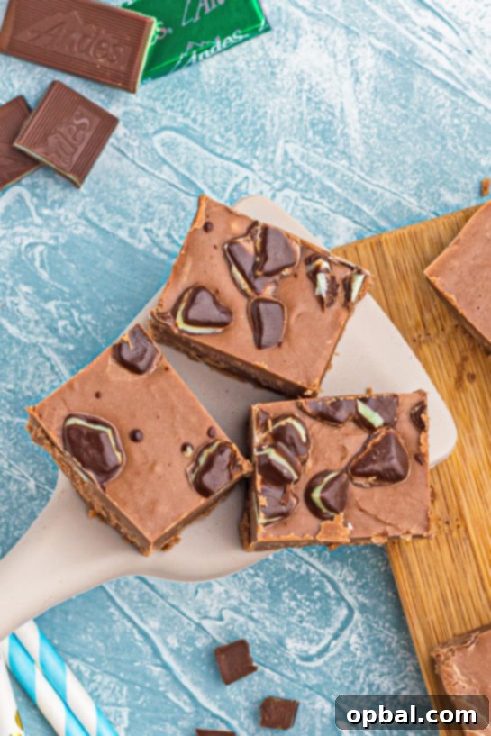 Decadent Andes Mint Fudge 11 The finished Andes Mint Fudge recipe in a baking pan, topped with crushed Andes Mints.