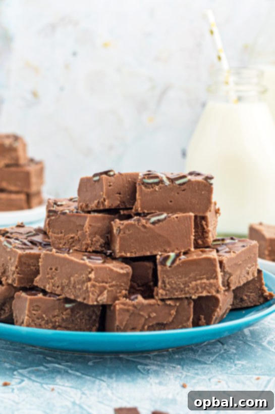 Decadent Andes Mint Fudge 13 A serving of Andes Mint Fudge, showcasing its layers of chocolate and mint, garnished with crushed mints.