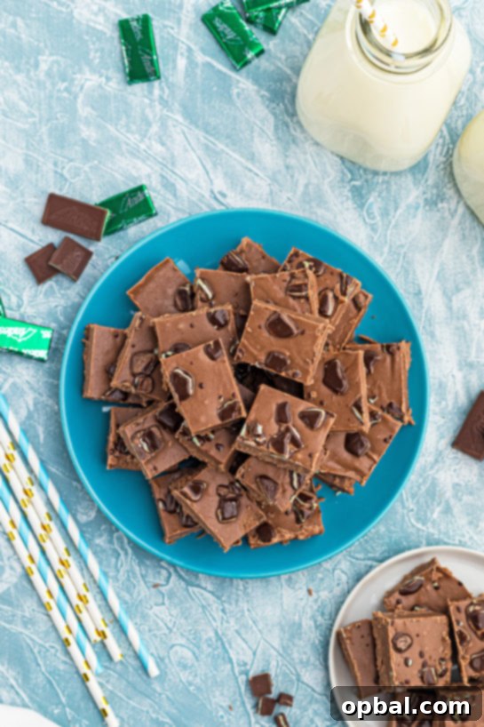 Decadent Andes Mint Fudge 14 An overhead shot highlighting the rich texture and vibrant green specks of Andes Mint Fudge.