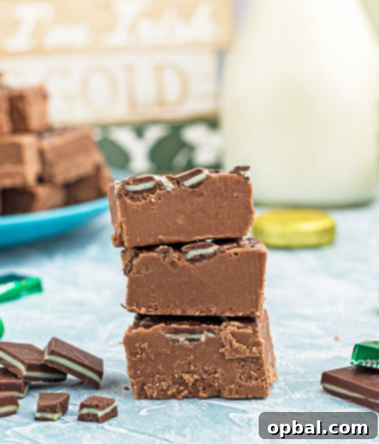 Decadent Andes Mint Fudge 15 A close-up of perfectly stacked Andes Mint Fudge pieces, ready for serving.