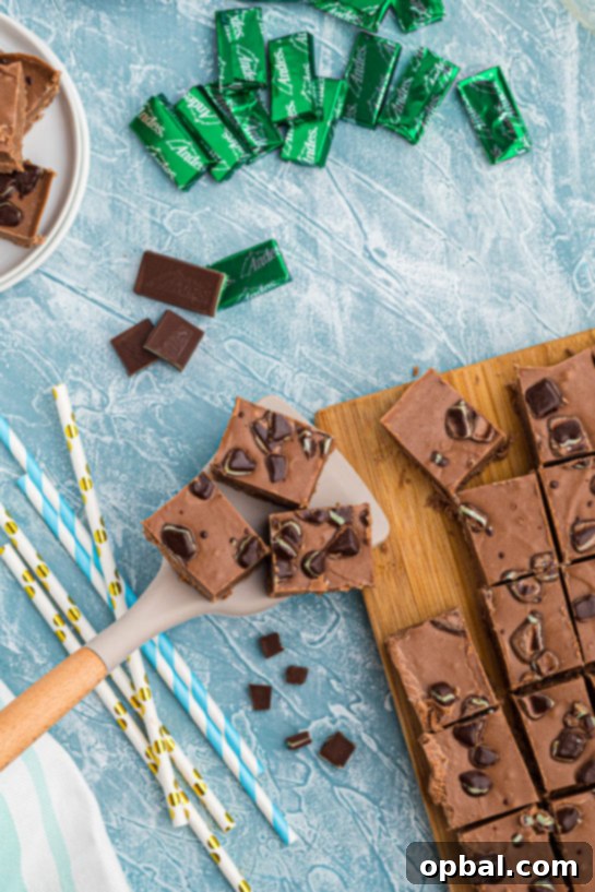 Decadent Andes Mint Fudge 4 An overhead shot of freshly prepared Andes Mint Fudge, glistening and inviting.