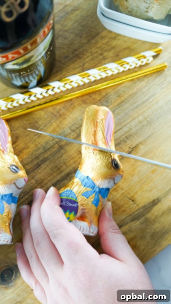 Bailey's Hoppy Chocolate Dream 5 Cutting the tops off the bunnies to make Bailey’s Chocolate Bunny Cocktail recipe