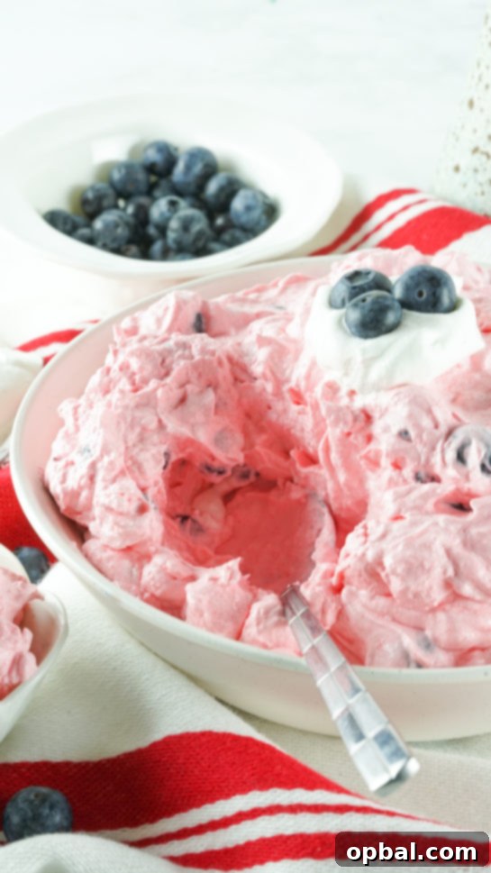 Stars and Stripes Fluff Bliss 11 Serving and scooping the creamy Patriotic Red White and Blue Fluff Salad into individual bowls.