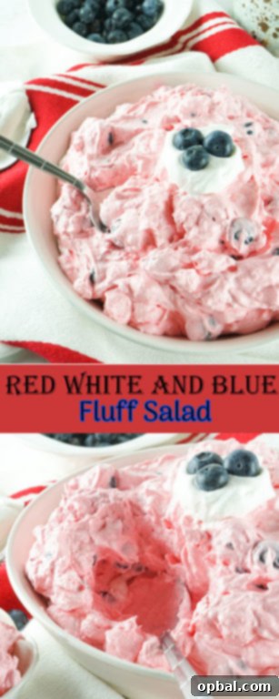 Stars and Stripes Fluff Bliss 14 A close-up shot of the festive Red White and Blue Fluff Salad, perfect for Memorial Day or 4th of July picnics.