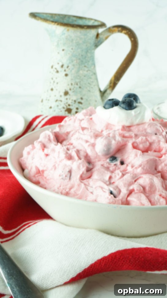 Stars and Stripes Fluff Bliss 7 Easy Patriotic Red White and Blue Fluff Salad prepared for a summer picnic or potluck, garnished and ready.