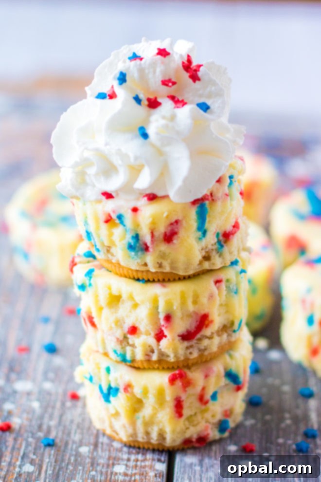 Star-Spangled Mini Cheesecakes 2 Mini Red, White, and Blue Cheesecakes recipe layered with a Golden Oreo crust and creamy tangy cheesecake. Top with sprinkles and whipped cream for the perfect patriotic dessert for 4th of July!