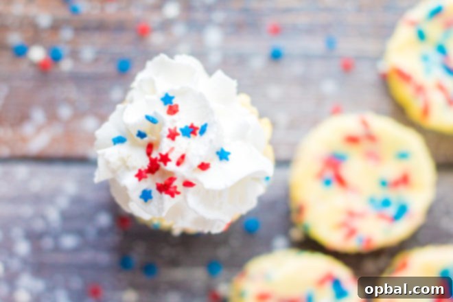 Star-Spangled Mini Cheesecakes 12 Overhead shot of the Red, White, and Blue Mini Cheesecakes recipe with frosting