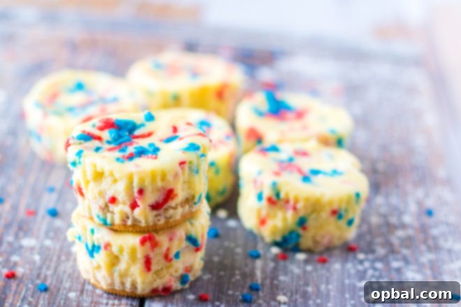 Star-Spangled Mini Cheesecakes 13 Mini Red, White, and Blue Cheesecakes recipe layered with a Golden Oreo crust and creamy tangy cheesecake. Top with sprinkles and whipped cream for the perfect summer dessert!