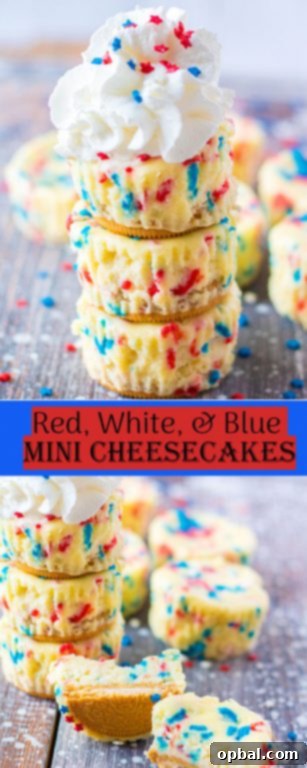 Star-Spangled Mini Cheesecakes 15 Mini Red, White, and Blue Cheesecakes recipe layered with a Golden Oreo crust and creamy tangy cheesecake. Top with sprinkles & whipped cream for the perfect patriotic dessert for 4th of July!