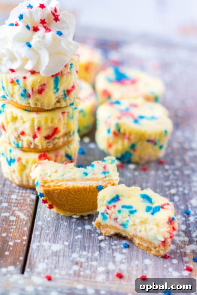 Star-Spangled Mini Cheesecakes 3 Red, White, and Blue Mini Cheesecakes recipe layered with a Golden Oreo crust and creamy tangy cheesecake. Top with sprinkles and whipped cream for the perfect patriotic dessert for 4th of July!