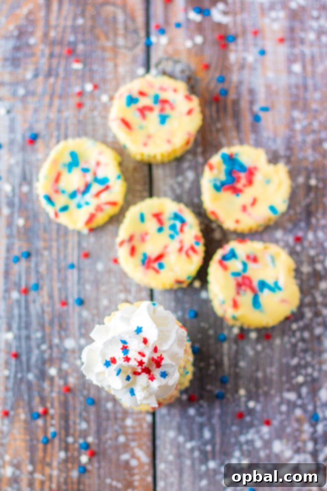 Star-Spangled Mini Cheesecakes 5 Red, White, and Blue Mini Cheesecakes recipe layered with a Golden Oreo crust and creamy tangy cheesecake. Top with sprinkles and whipped cream for the perfect patriotic dessert for Memorial Day or 4th of July!