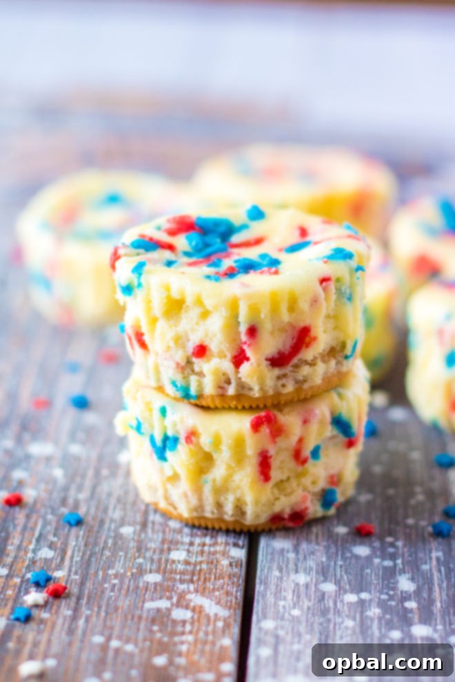 Star-Spangled Mini Cheesecakes 6 Easy Mini Red, White, and Blue Cheesecakes recipe layered with a Golden Oreo crust and creamy tangy cheesecake. Top with sprinkles and whipped cream for the perfect patriotic dessert for 4th of July!