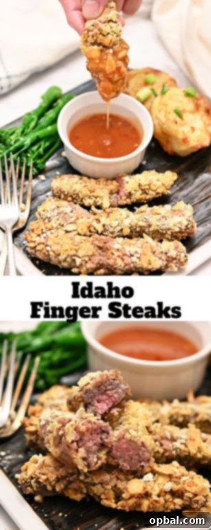 Crispy Idaho Finger Steaks with Sweet Country Dip 8 Platter of golden crispy deep-fried Idaho finger steaks, ready to be enjoyed with dipping sauces.