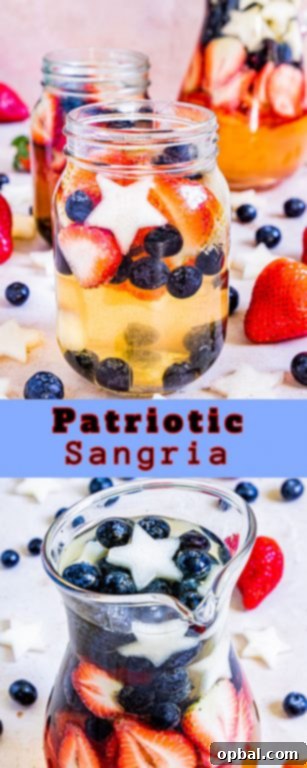 Freedom Sangria 14 A smaller glass of patriotic sangria, perfectly portioned, adorned with red, white, and blue fruits.