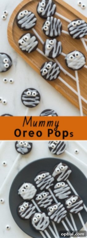 Halloween Mummy Oreo Pops 20 Spooky Halloween Mummy Oreo Pops displayed in a decorative Halloween bowl with purple accents