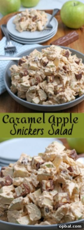Caramel Apple Snickers Delight 13 A smaller, vertical image of the Caramel Apple Snickers Salad, emphasizing its delicious appeal as a fall side dish or dessert, with crunchy green apples and Snickers candy.