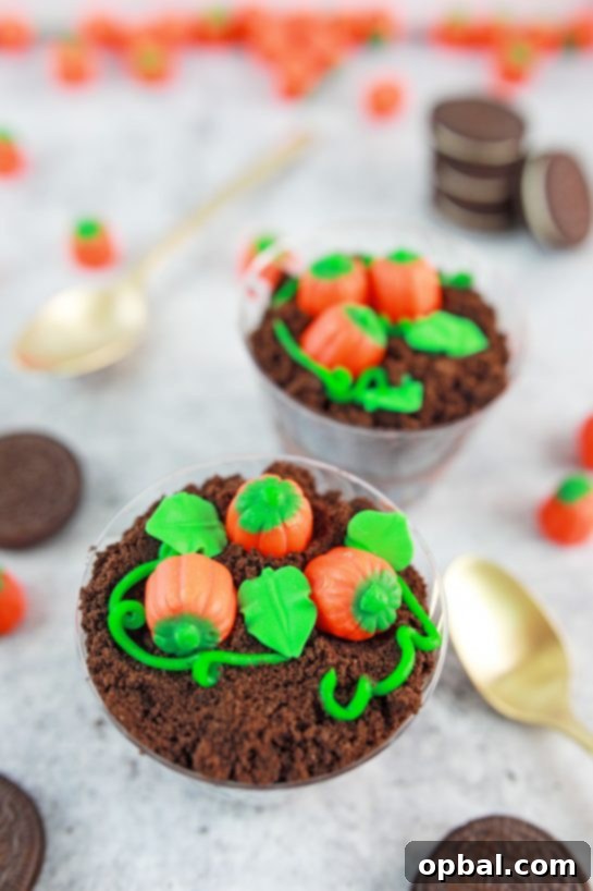 Edible Pumpkin Patch 2 Delicious Pumpkin Patch Dirt Cups recipe, perfect for family fun during fall, Thanksgiving, and Halloween parties