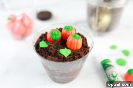 Edible Pumpkin Patch 9 Finished Pumpkin Patch Dirt Cups, a charming and easy dessert for various fall and holiday celebrations