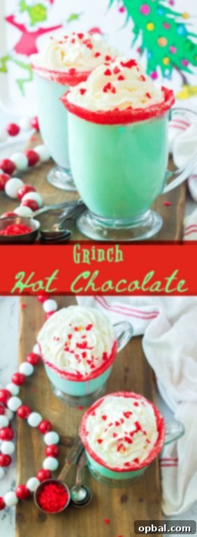 Grinchy Christmas Delight 13 Stacked mugs of Grinch Hot Chocolate ready for a holiday party, showcasing the vibrant green color and festive garnishes.