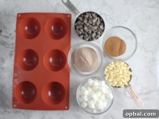 Ingredients laid out for making Mocha Hot Chocolate Bombs.