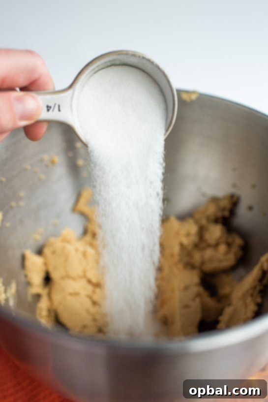 Peanut Butter Pressed Delights 7 Pouring in the sugar needed for the Peanut Butter Thumbprint Cookies recipe