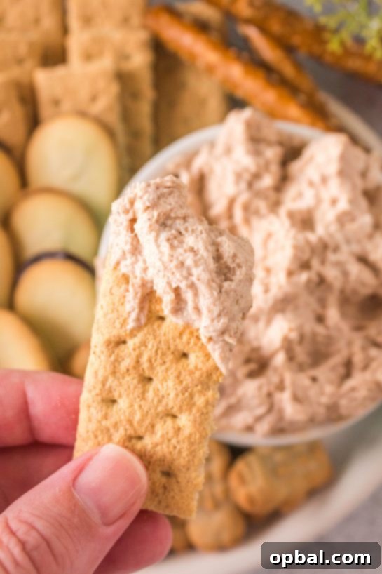 Frosted Cinnamon Roll Dip 11 Photo of dipping the graham crackers in the Cinnamon Roll Dip recipe for Christmas