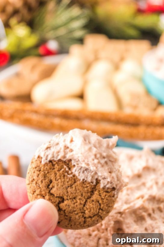 Frosted Cinnamon Roll Dip 13 Photo of finished dip the ginger snaps for the Cinnamon Roll Dip recipe for Christmas dessert