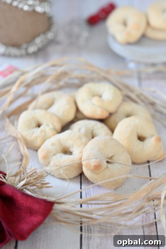 Rustic Italian Wine Biscuits 5 A basket overflowing with freshly baked Italian Wine Cookies (Ciambelle al Vino), dusted lightly with sugar, evoking warmth and home comfort.