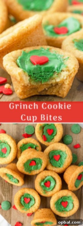 Grinchy Holiday Cookie Cups 13 Grinch Cookie Cup Bites recipe is inspired by Dr. Seuss’s How the Grinch Stole Christmas! They are chewy sugar cookies that have been colored green and adorned with a red heart for a fun holiday dessert!